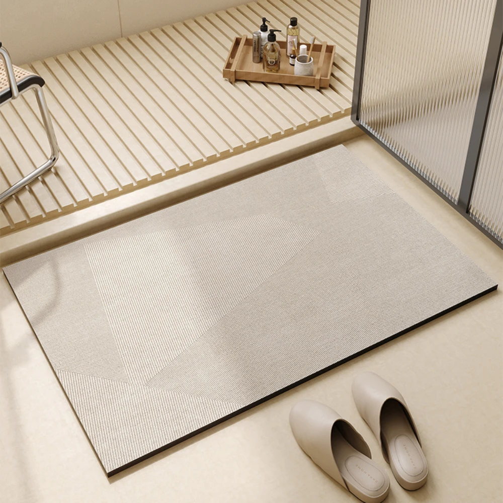 Bamboo Bath Mat - พรมเช็ดเท้าลายเส้นเรขาคณิตสีน้ำตาลอ่อน ดูดซับน้ำได้ดี แห้งเร็ว กันลื่น สำหรับห้องน้ำ ประตูทางเข้าบ้าน